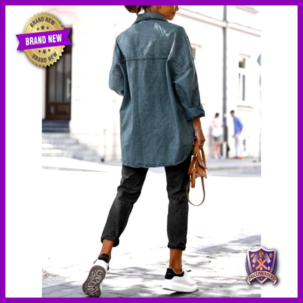 Oversized Denim Jacket Casual Button Down Long Sleeve Boyfriend Fit Classic - Picture 5 of 5